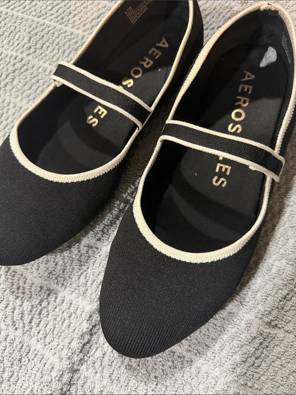 AEROSOLES Black Mary Jane Flats with Cream Trim Strap